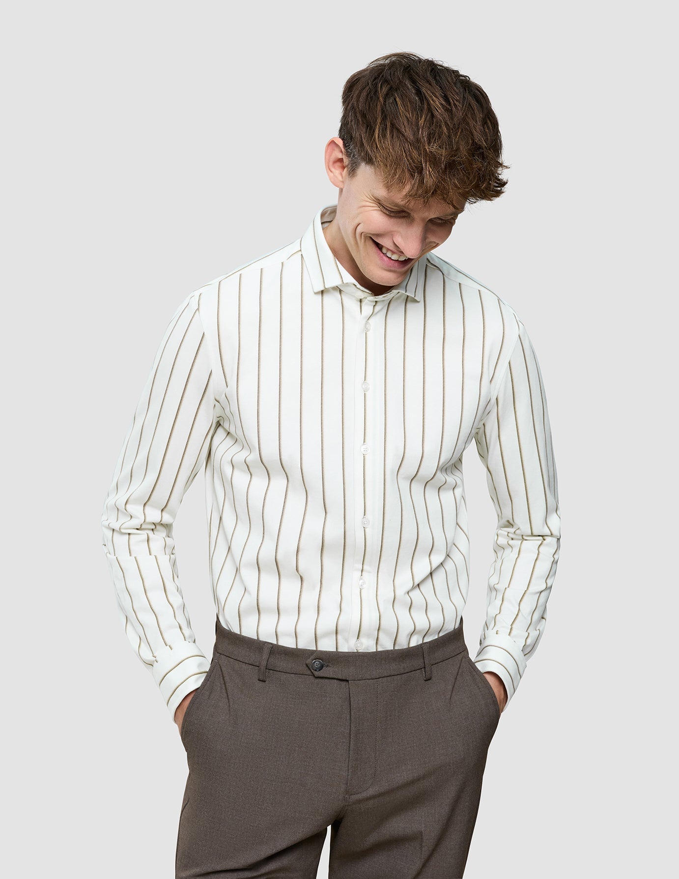 Classic Shirt Sand Herringbone Stripes Slim